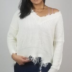 White Frayed Sweater